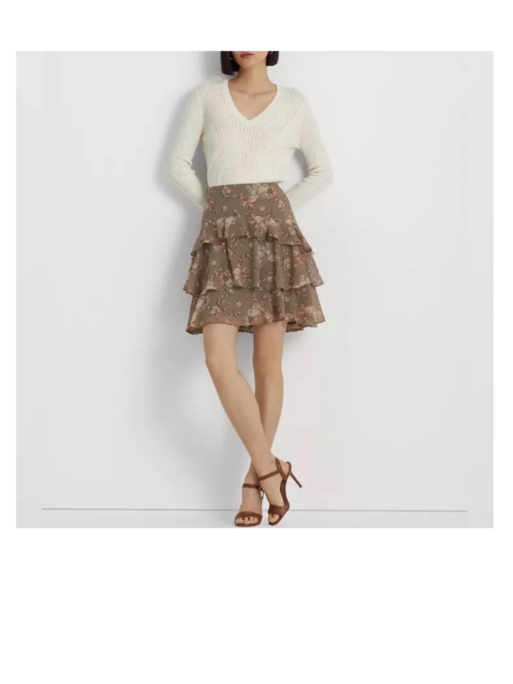 Ralph Lauren Olive Floral Tiered Ruffle Mini Skirt Size 2